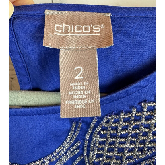 CHICO'S royal blue cotton stretch beaded top blouse tunic size 2 12 L - Picture 4 of 9